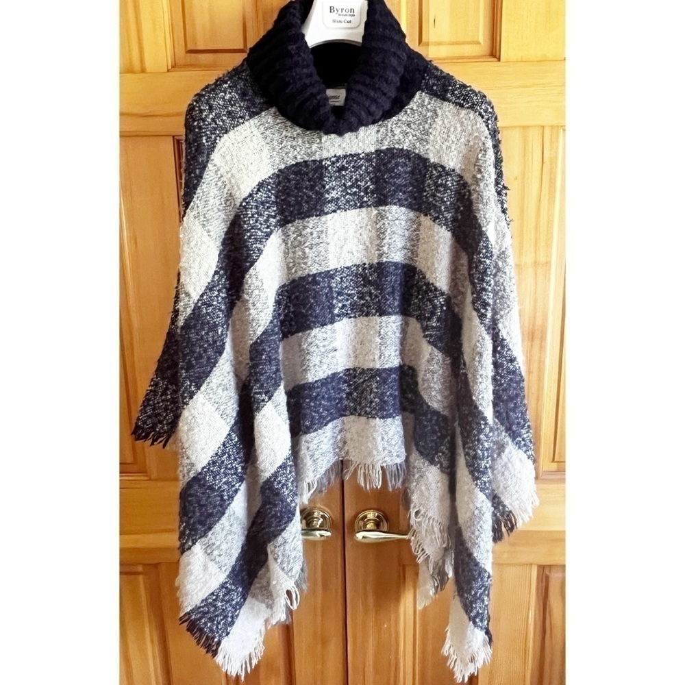Ariana by Howards Blue Plaid Blanket Cowl Neck Shawl Fringed Poncho Festival OS